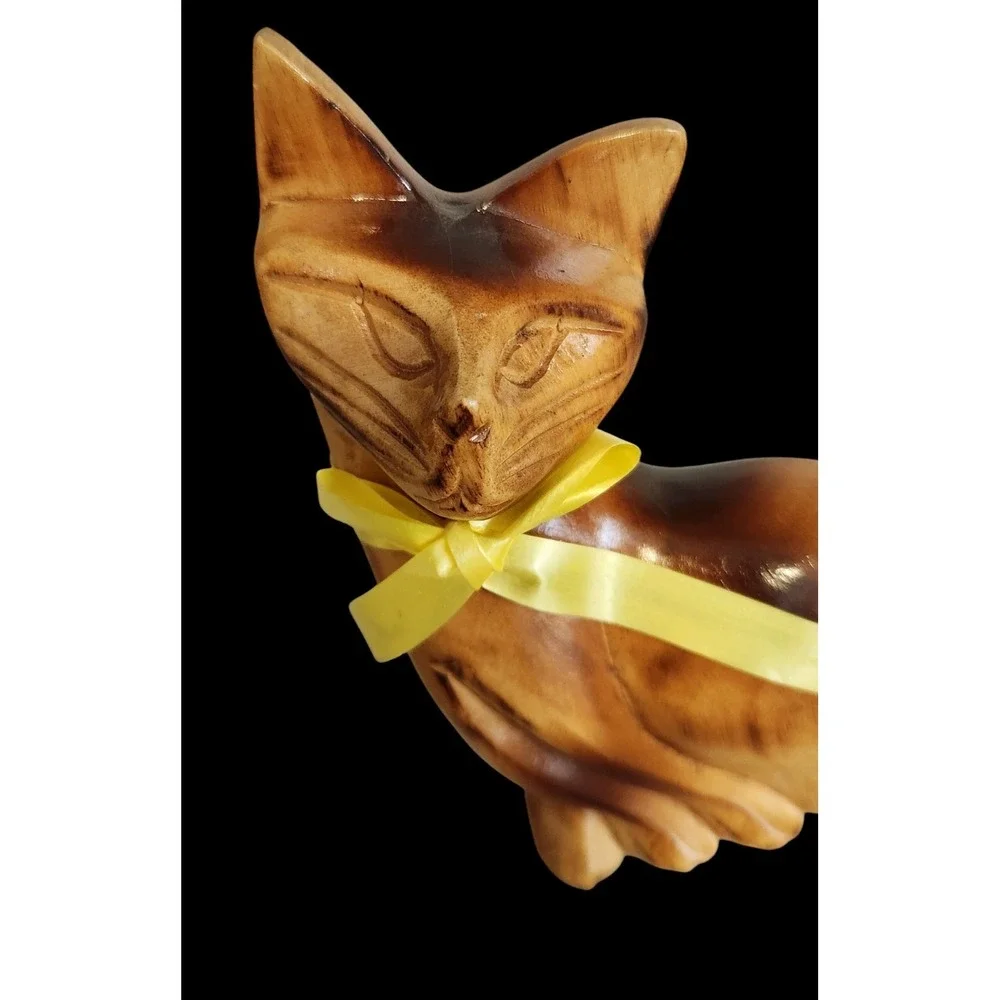 Vintage Mid Century Two-tone Hand-carved Wooden Siamese Cat Figurine Statue‎ MCM
